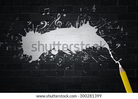 Music notes and pencil on black background