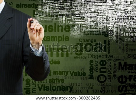 Close up of businessman writing leadership skill concepts