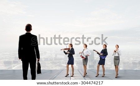 Young woman in suit playing different music instruments