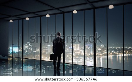 Businessman standing with back and looking in office window