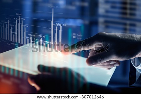 Close up of human hands using virtual panel
