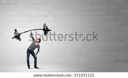 Confident man lifting above head sketched barbell