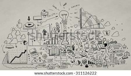 Background image with business sketches on grey backdrop