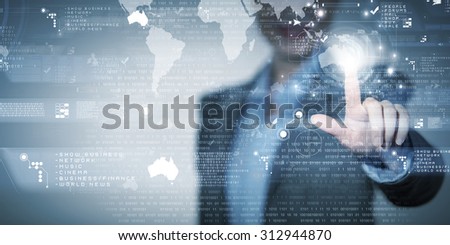 Close up of businesswoman touching virtual panel with finger