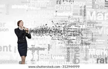 Cheerful businesswoman playing fife on white background