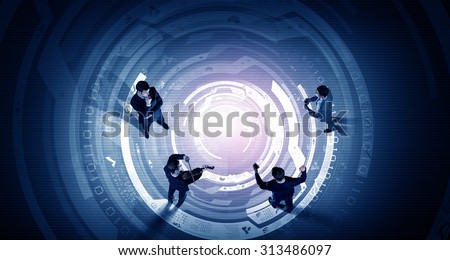 Top view of businesspeople with different items on virtual background