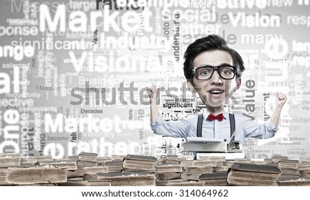 Young funny man in glasses with big head among pile of old books