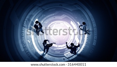 Top view of businesspeople with different items on virtual background