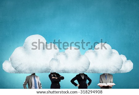 Unrecognizable businesspeople with cloud instead of head