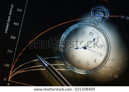 Pocket watch and business concepts on digital background