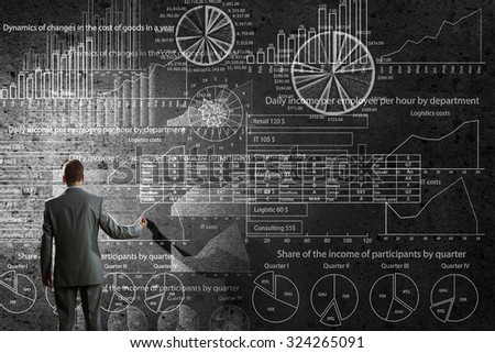 Rear view of businessman drawing chalk business sketches on wall