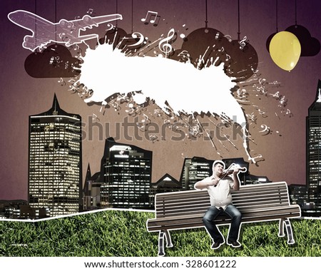 Collage image of fat man sitting on bench and playing violin