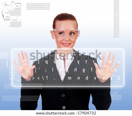Business woman in a dark suit and transparent glasses clicks on virtual buttons. Collage - a symbol of high-tech future