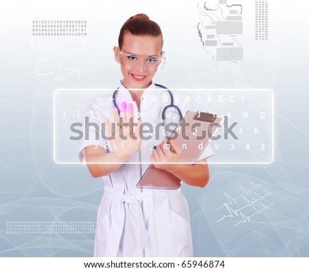 Young doctor in white uniform, transparent glasses and a stethoscope clicks on virtual keyboard. Collage.