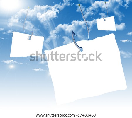 Fishhook with a white sheet of paper for the label floating in the blue sky. Symbol of dangerous promises.