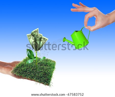 Hand with a small watering can watering green grass