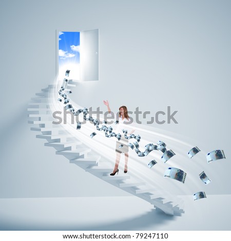 young girl climbs the ladder of success and a virtual career. Collage.