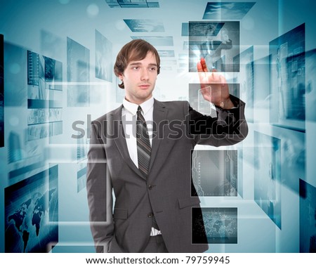 business person with virtual digital screens all around