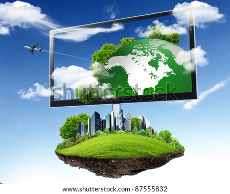 Large flat screen with nature images and nature elements inside and around