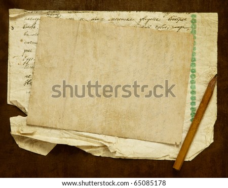 Vintage background with old paper, letters and pencil