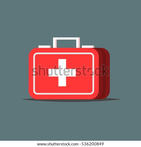 Red first aid kit isolated on gray background. Medical box with white cross like a diagnostics concept. Flat Vector illustration design