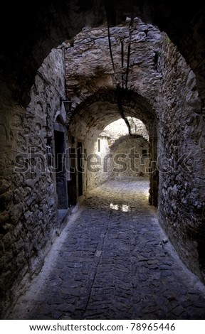 Hallway like passages of streets used for defense in the old cities in Chios, Greece