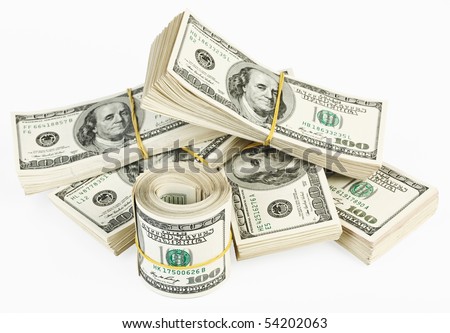 Many  bundle and roll of US 100 dollars bank notes isolated on white background