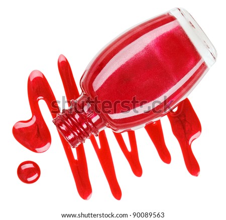 Bottle of red nail polish with enamel drop samples, isolated on white