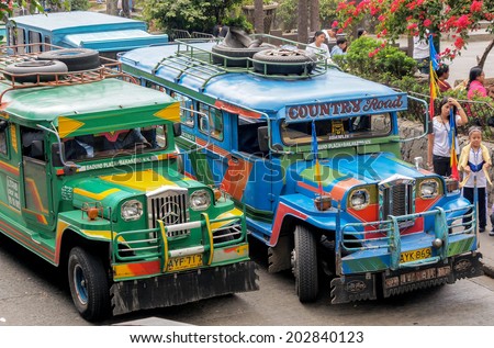 Baguio, Philippines - February 8th, 2013: The most typical means of transportation in the Philippines: Jeepneys at a jeepney-stop