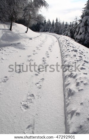 Two pairs of boot prints on the snow covered path through the forest