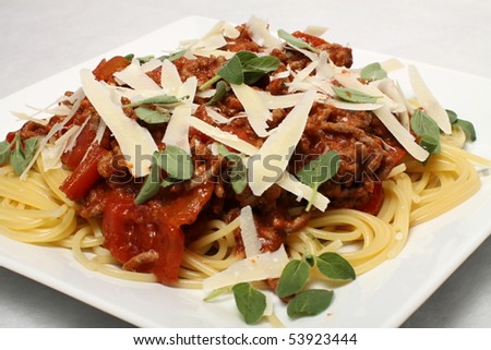Detail of plate with  spaghetti, cheese and sauce