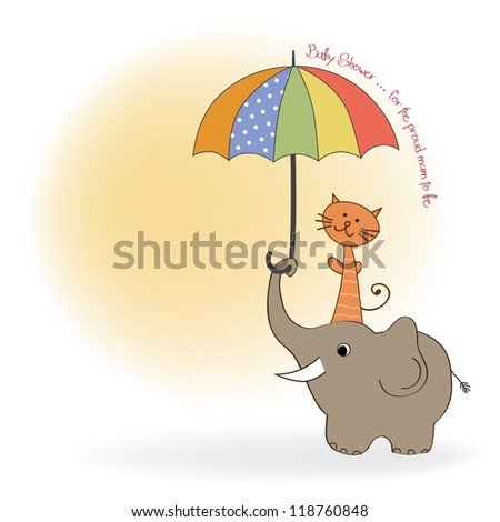 baby shower card with funny elephant and little cat under umbrella