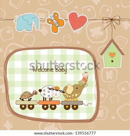 new baby announcement card with animal\'s train