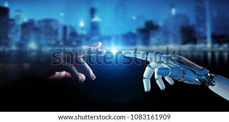 White cyborg finger about to touch human finger on city background 3D rendering 商業照片 © 