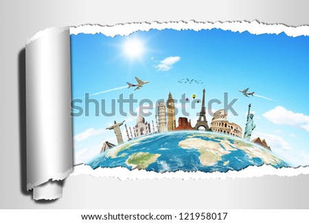Travel the world monument torned paper concept