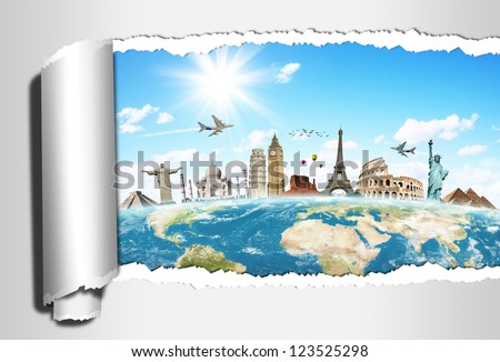 Travel the world monuments torned paper concept
