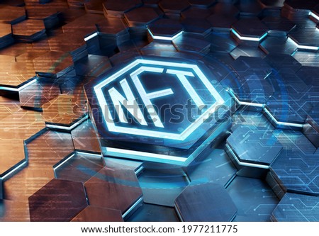 NFT nonfungible tokens concept on blue and orange metal hexagonal background. NFT Logo on abstract digital surface. 3d rendering