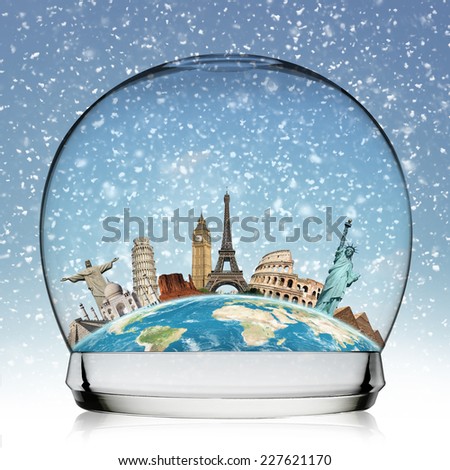 Famous monuments of the world in a snowball