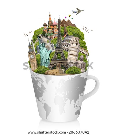 Famous monuments of the world in a cup of coffee