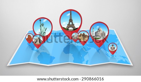 Famous monuments of the world grouped together on a map with pin icon