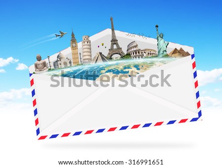 Famous monuments of the world grouped together in an envelope