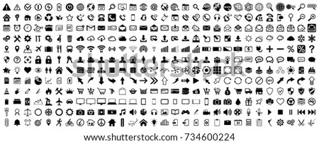 Black internet web icons collection on white background