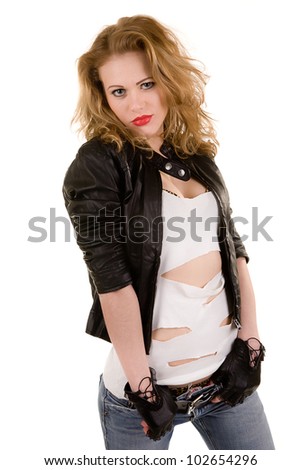woman in a leather jacket and a fragmentary vest. Isolated on white