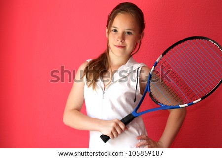 A Beautiful Blond-Haired 13-Years Old Girl, Portrait. Female Tennis ...