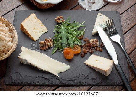French & Irish Cheese Platter with nuts and dried apricot