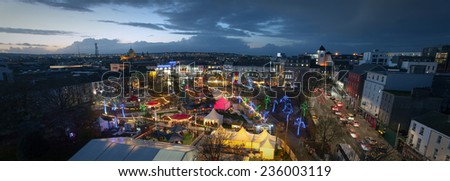 Panoramic view of Galway Continental Christmas Market at night. Ireland.