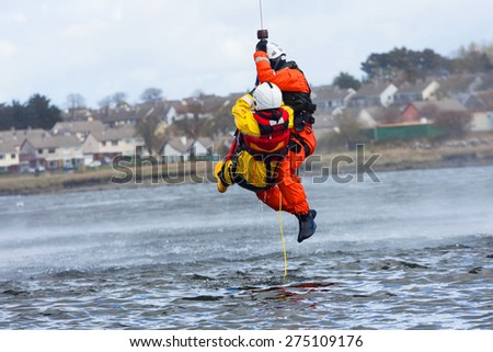 Irish Coast Guard crew display a water rescue training in the sea