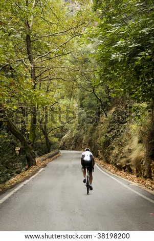 Professional cyclist riding through the forest.