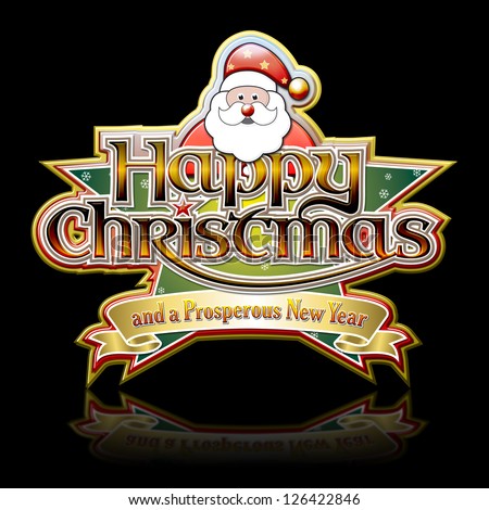 Happy Christmas Lettering with Santa on Star graphic with clipping path, black ground.