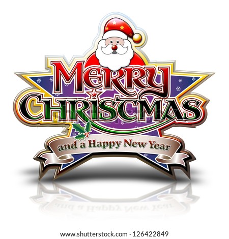 Merry Christmas Lettering with Santa on Star graphic with clipping path.